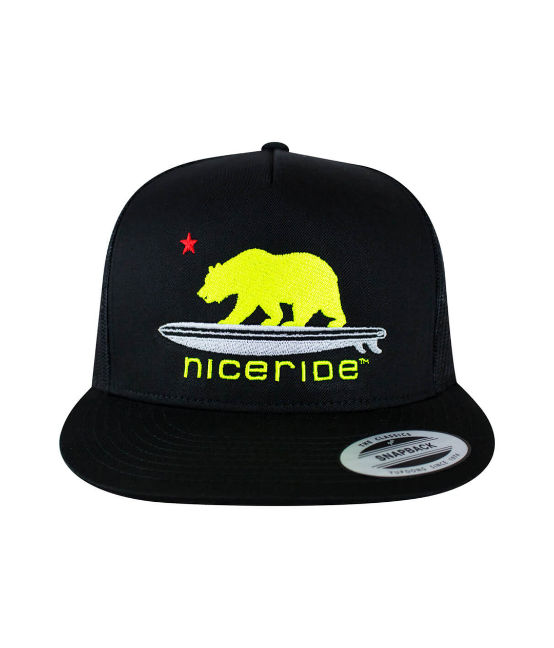 NICERIDE hat featuring a yellow bear design on a black snapback cap with a flat brim.