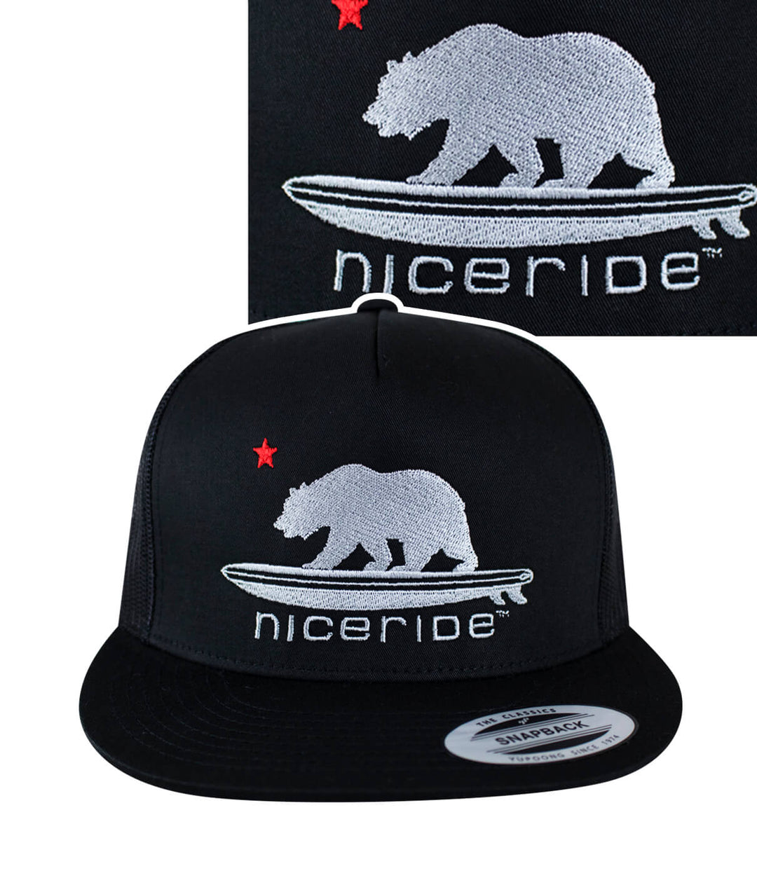 Black Trucker Hat featuring NICERIDE design with bear on surfboard and star detail.