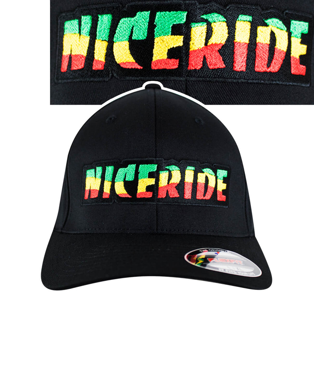 Island Vibe Classic Flexfit Hat featuring NICERIDE logo in rasta colors, perfect for stylish hat lovers.