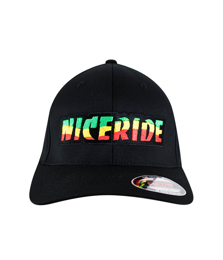 Island Vibe Classic Flexfit hat with NICERIDE logo embroidered in rasta colors on front.