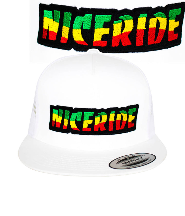 White trucker cap featuring NICERIDE logo embroidered in rasta colors, perfect hat for a stylish look.