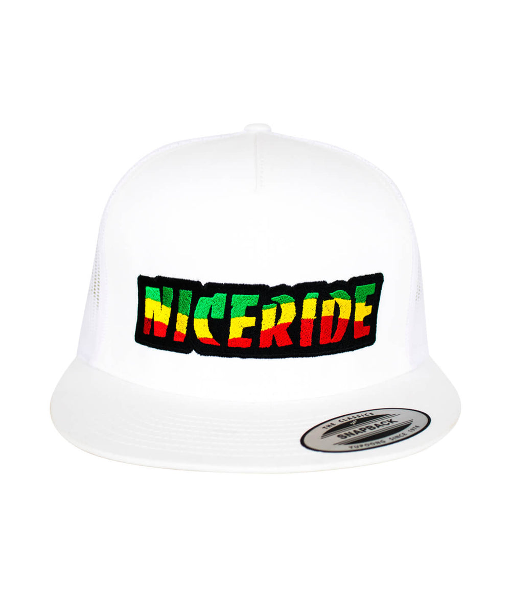Island Vibe Trucker Cap with NICERIDE logo embroidered in rasta colors, perfect hat for casual wear.