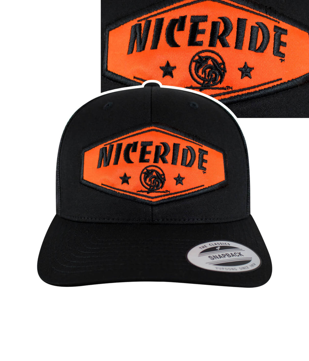 NICERIDE orange chevron patch on black retro trucker hat, classic and stylish baseball cap.