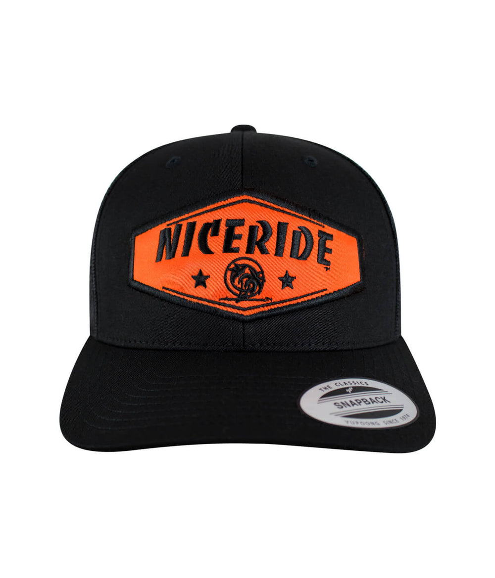 Chevron - Orange Black Retro Trucker Hat with NICERIDE patch, classic style, adjustable fit.