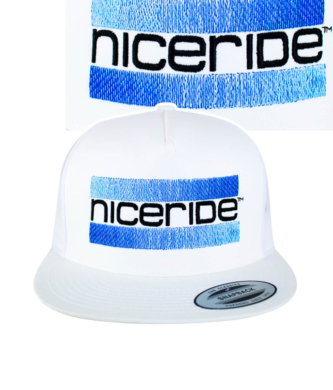 Cali Life - Blue trucker hat featuring NICERIDE logo embroidered on a white snapback cap.