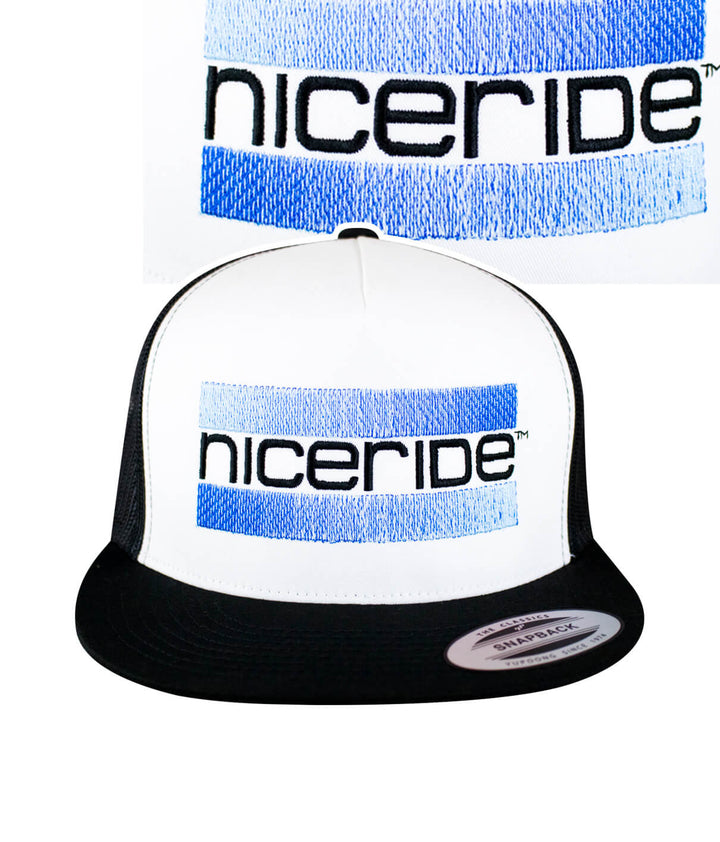 Cali Life - Blue trucker hat with NICERIDE design embroidered on the front, a stylish snapback hat.