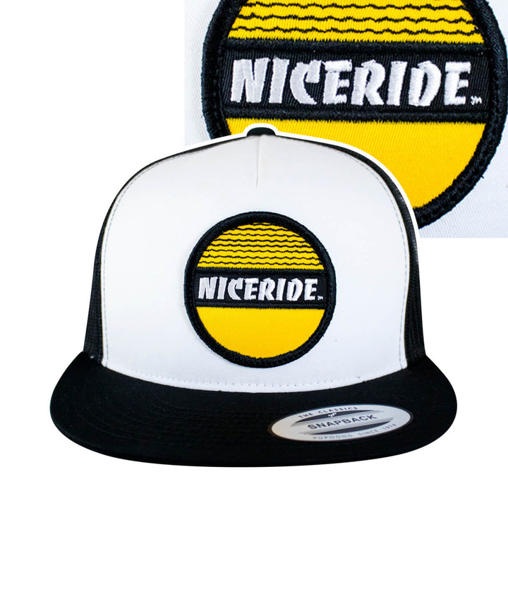 Tuna Can unisex style trucker hat with NICERIDE patch embroidered on front, classic snapback design.