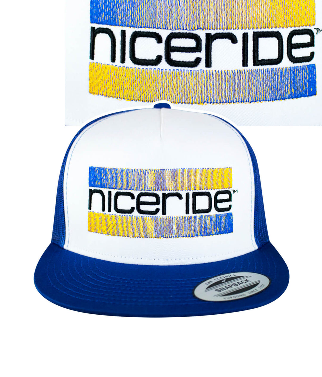 Cali Life Royal Blue Trucker Hat featuring NICERIDE design embroidered on front panel.