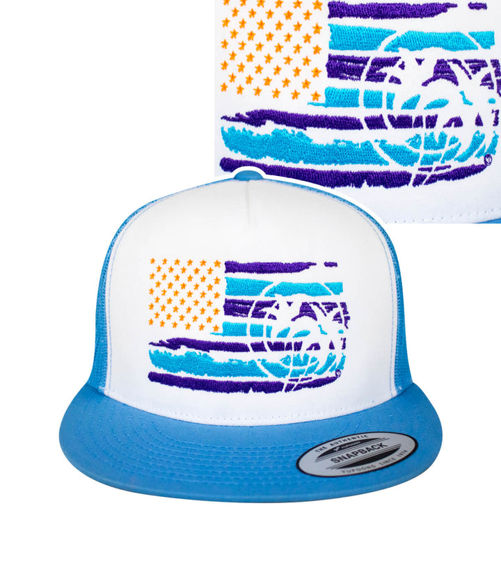 Strong Faded Trucker Hat featuring vibrant embroidered design and blue brim.