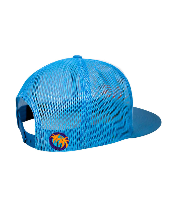 Back view of the Interstate 619 trucker cap in blue with palm logo, a stylish hat for casual wear.