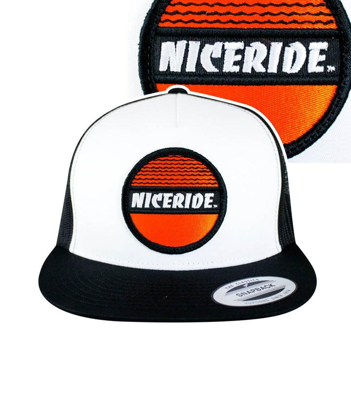 Tuna Can Unisex Trucker Hat featuring NICERIDE logo and classic snapback style, perfect for outdoor activities.