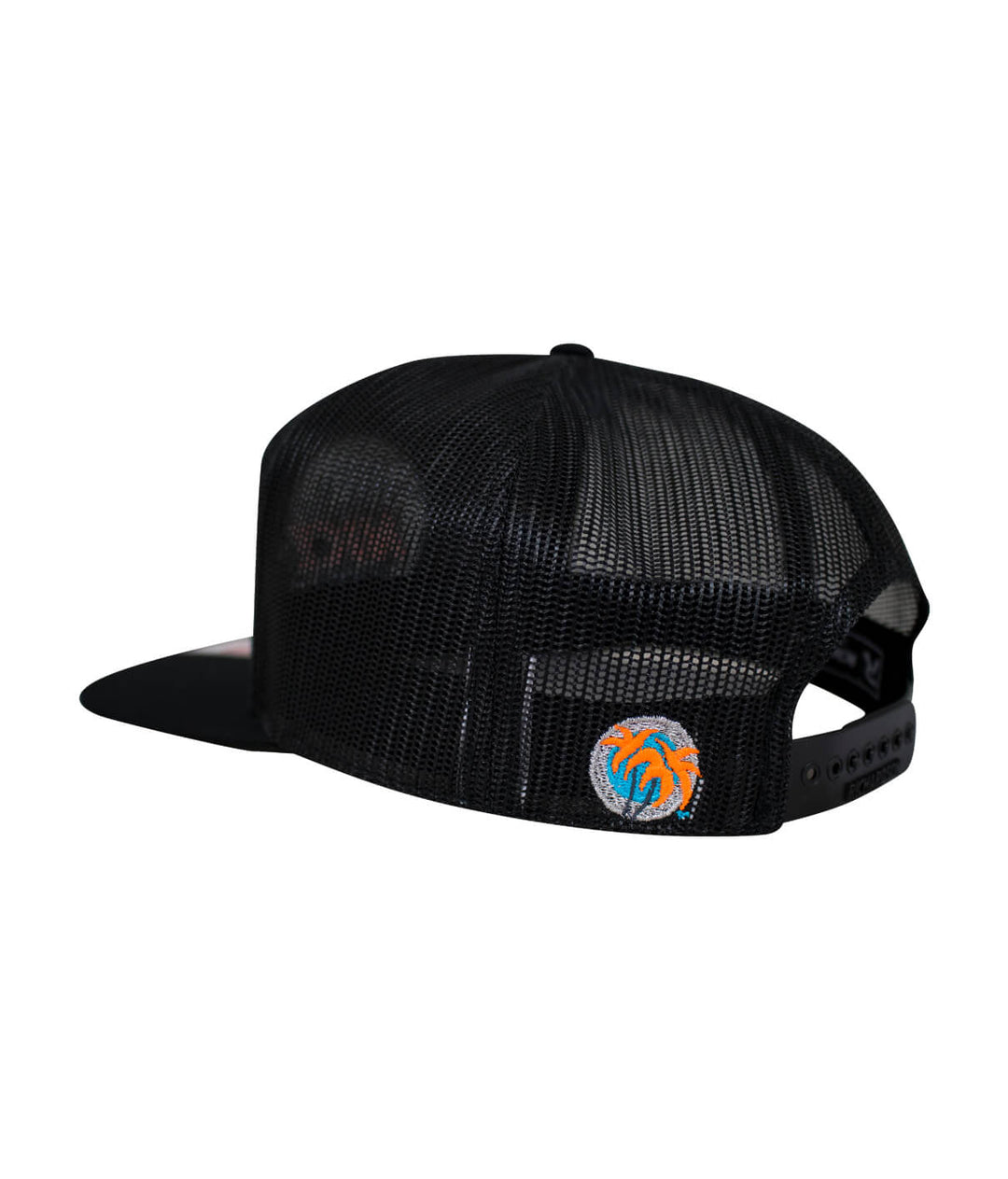 Back view of a black meshback trucker snapback hat featuring an embroidered colorful logo.