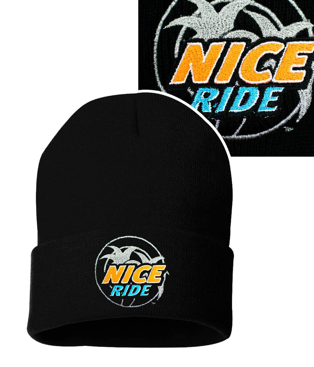 Black beanie with "NICE RIDE" logo embroidered, showcasing trendy and stylish headwear.