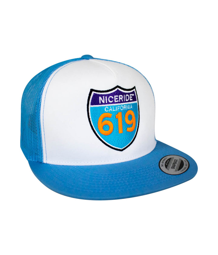 Interstate 619 Trucker Cap showcasing NICERIDE logo, a stylish hat designed for comfort and style.