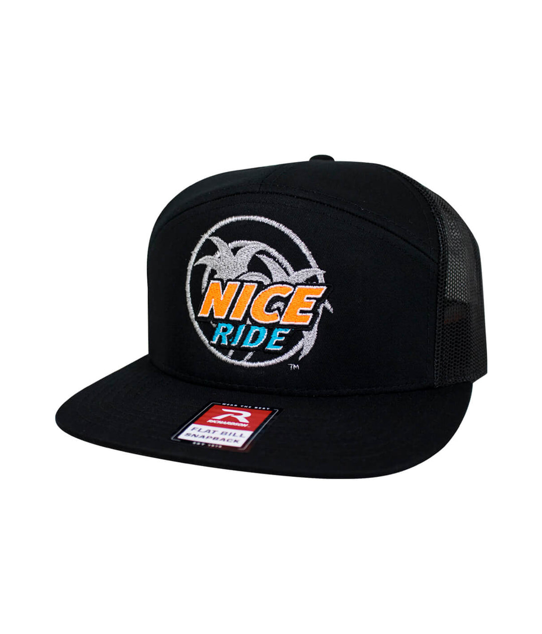 Choo Choo 7 Panel Trucker Snapback Hat for Men and Women with NICERIDE design embroidered on the front.