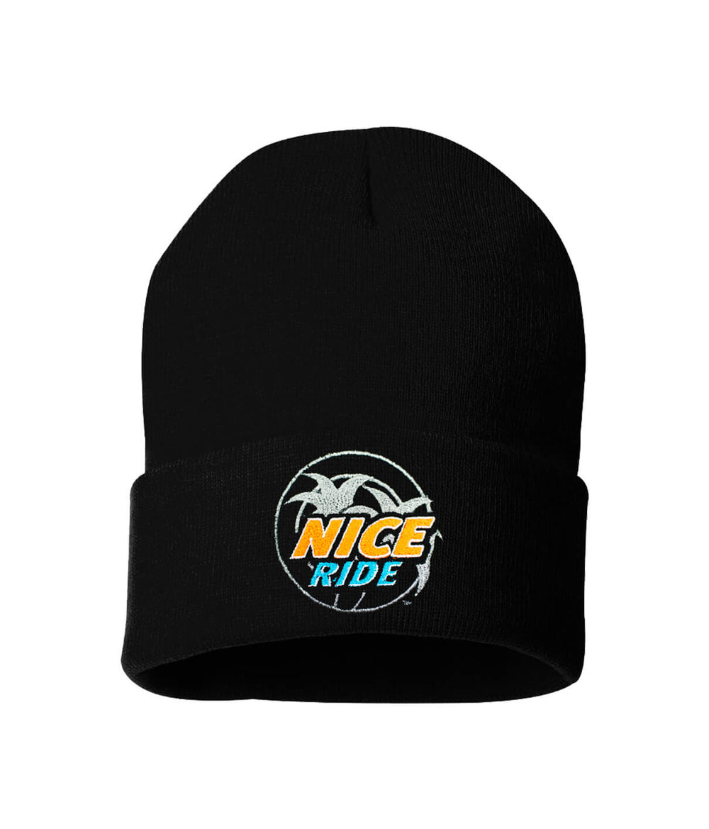 Black beanie featuring "NICE RIDE" logo embroidered on the front.