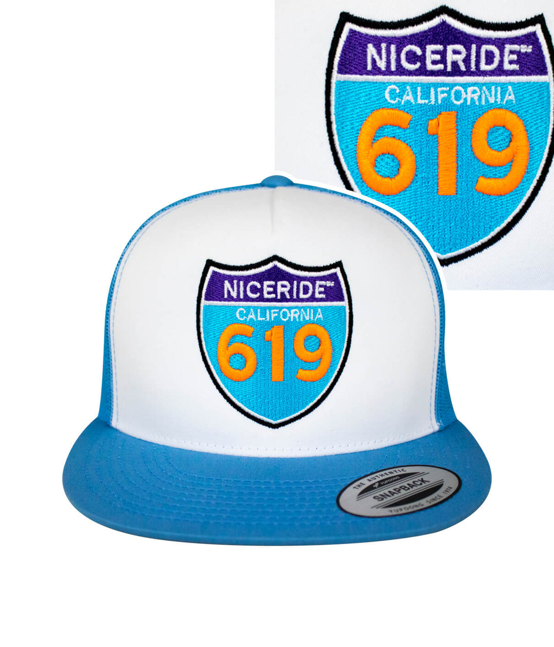 Interstate 619 Trucker Cap, classic snapback hat with embroidered logo, blue and white