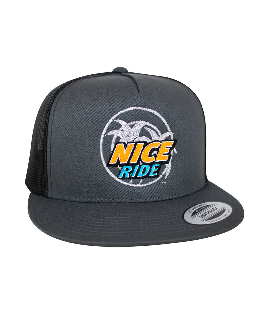 Choo Choo trucker hat featuring NICERIDE design, a stylish hat with classic palm logo and blue leaves.