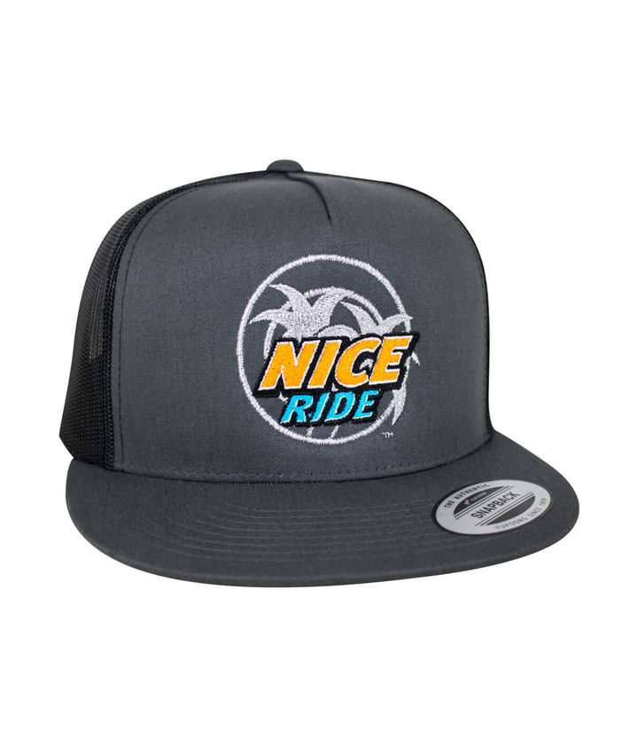 Choo Choo trucker hat featuring NICERIDE design, a stylish hat with classic palm logo and blue leaves.