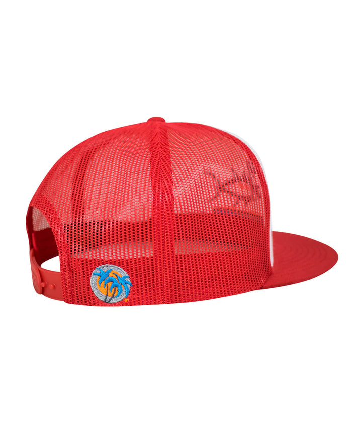 Back view of the "Buck-Eye Pill" unisex Snapback Trucker Hat in red with Palm Logo detail.