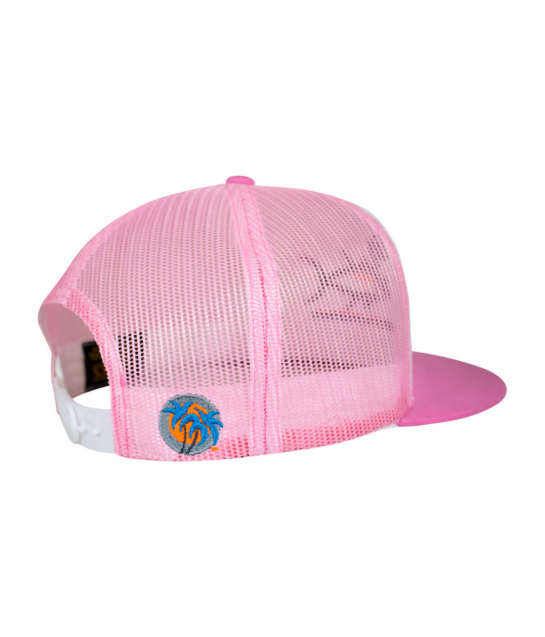 Pink "Buck-Eye Pill" unisex snapback trucker hat with mesh back and embroidered palm logo.