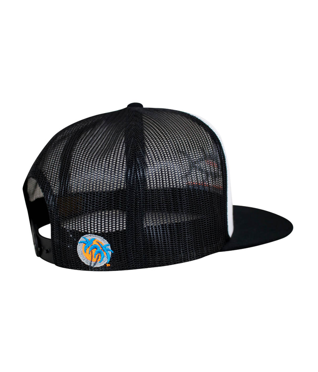 Buck-Eye Pill unisex snapback trucker hat showing the back view with a mesh design and embroidered logo.
