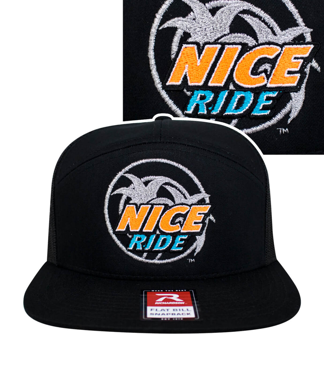 Choo Choo 7 Panel Trucker Snapback Hat for men and women featuring NICERIDE embroidered logo on front.
