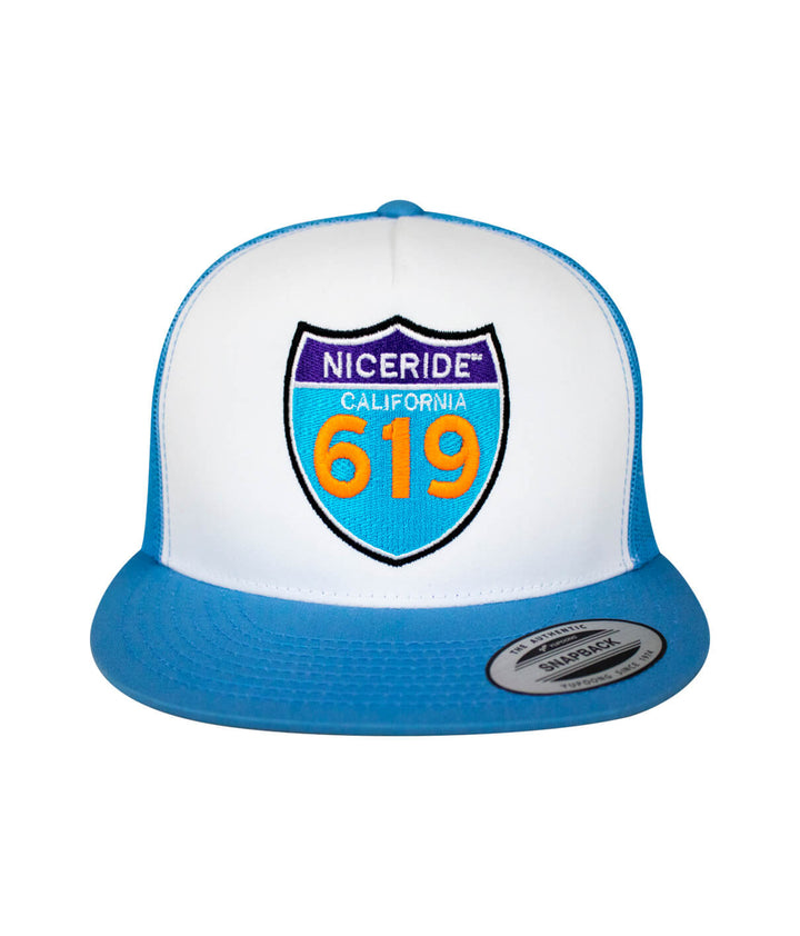 Interstate 619 Trucker Cap, blue and white snapback hat with NICERIDE logo, classic style hat.