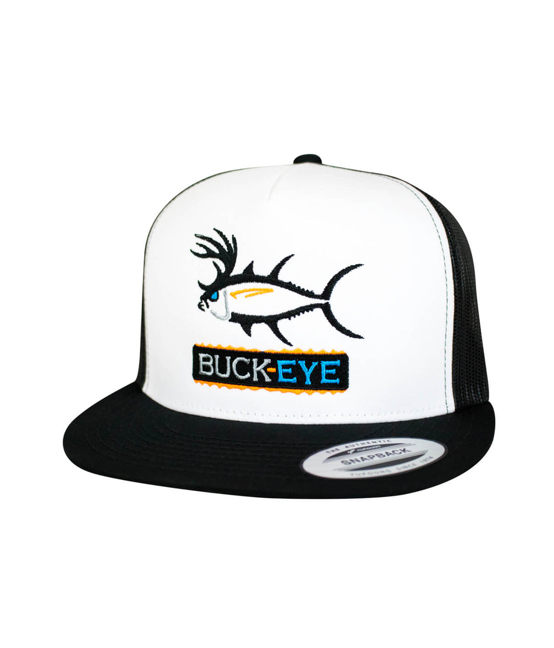 Buck-Eye Pill Unisex Snapback Trucker Hat with embroidered design front and black visor, perfect fishing hat for adults and teens.