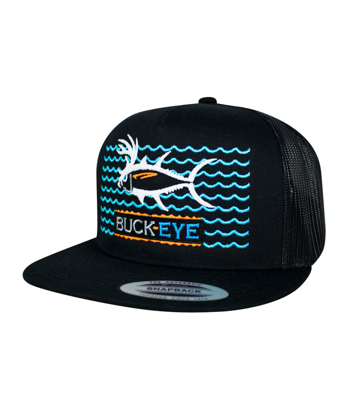 Buck-Eye on the Water unisex snapback trucker hat featuring fish design and wave pattern, perfect for outdoor and fishing enthusiasts.