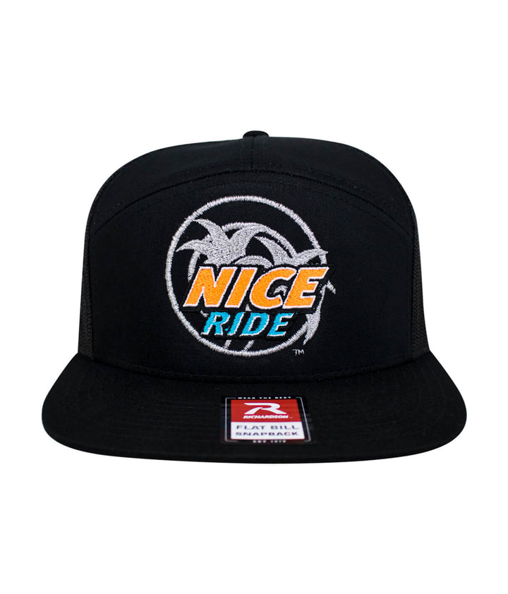 Choo Choo 7 Panel Trucker Snapback Hat for Men and Women featuring NICERIDE logo embroidered on the front.