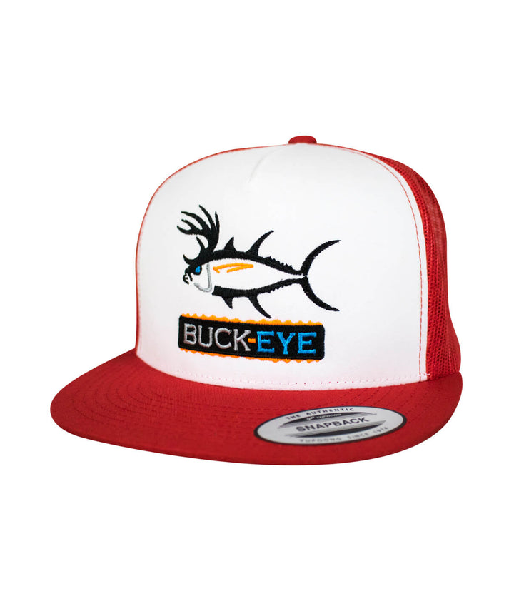 Buck-Eye Pill Unisex Snapback Trucker Hat with embroidered fish design on front and red bill.