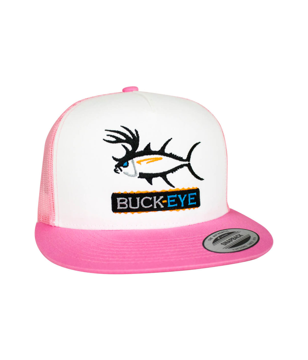 Buck-Eye Pill Unisex Snapback Trucker Hat with fish embroidery, perfect hat for outdoor activities.