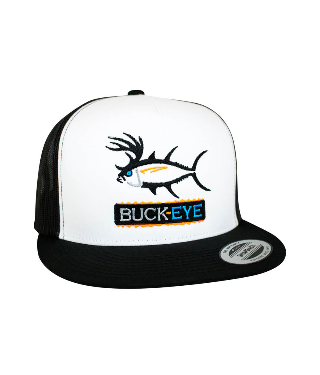 "Buck-Eye Pill" unisex snapback trucker hat featuring embroidered fish design, ideal hat for fishing and outdoor activities.