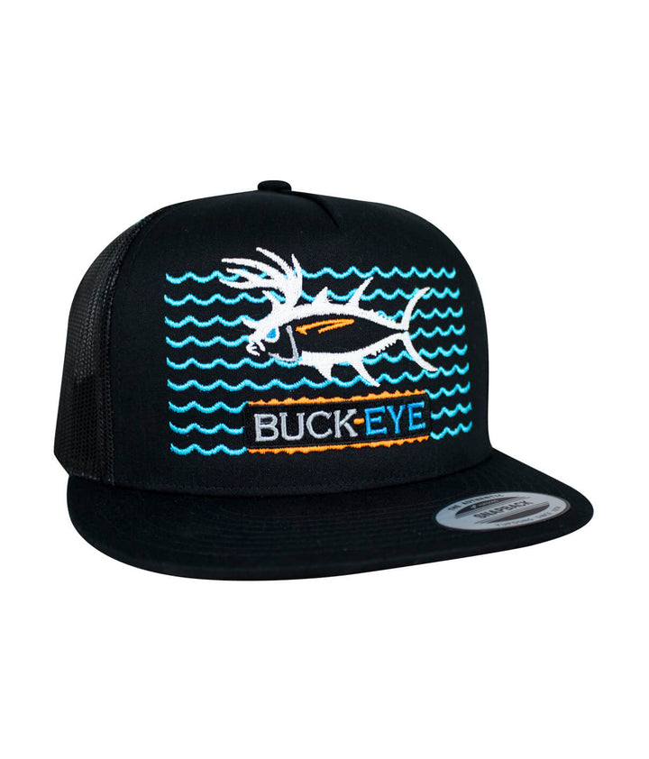 Buck-Eye on the Water unisex snapback trucker hat with bold embroidered design in black, perfect for outdoor lifestyle and fishing.