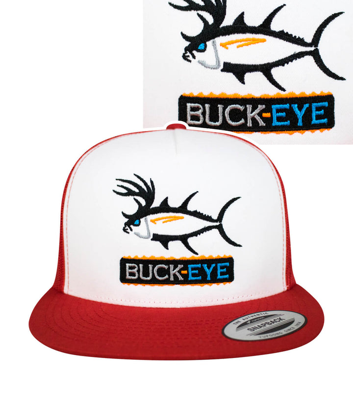 "Buck-Eye Pill" unisex snapback trucker hat featuring embroidered fish design, ideal hat for fishing.
