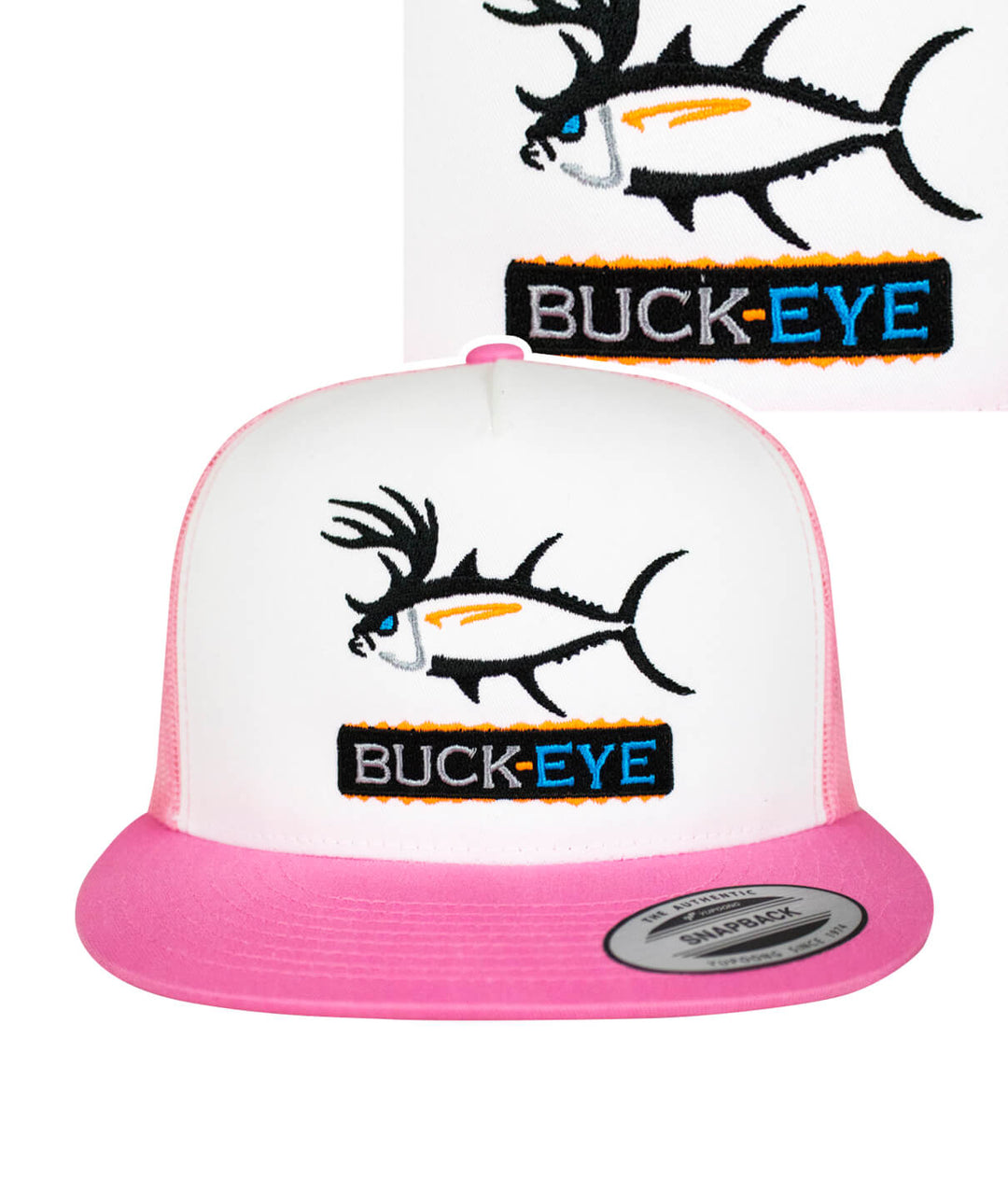 "Buck-Eye Pill" unisex snapback trucker hat with fish design, perfect fishing hat for men and women, adults and teens.