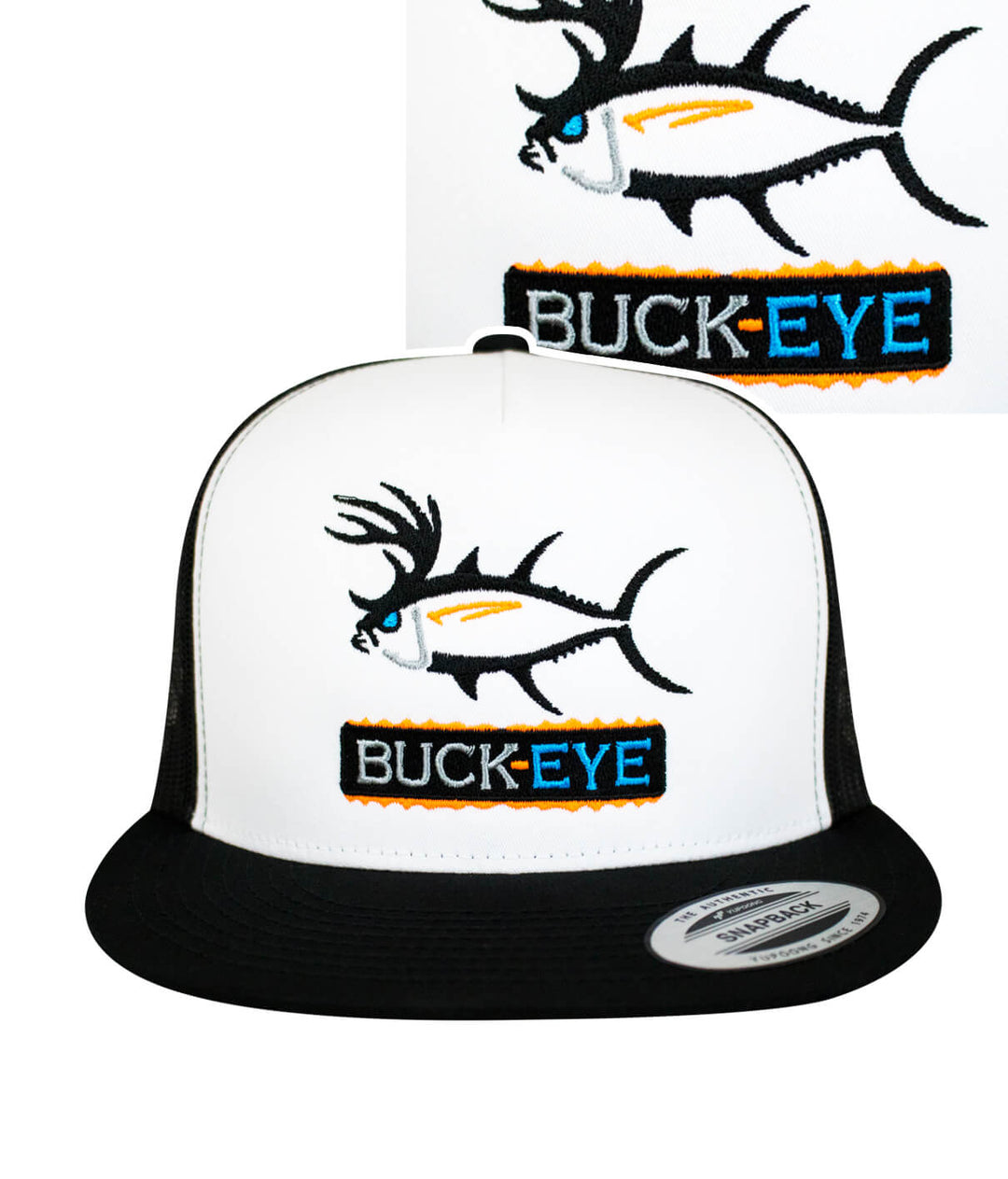 A black and white trucker hat with a fish logo on it.