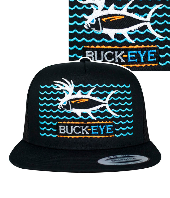 A black and white baseball cap with a fish and palm trees embroidered on it.