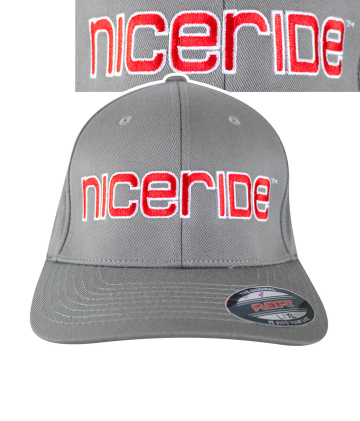 Grey Classic Flexfit hat with NICERIDE logo embroidered on the front panel.