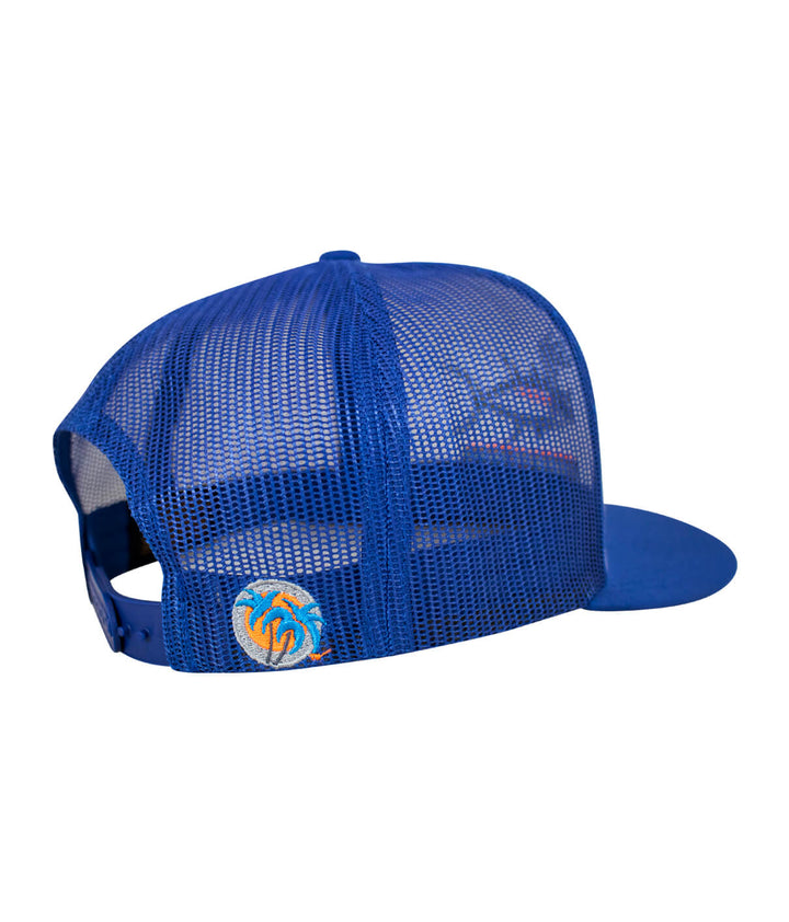 Buck-Eye Pill unisex snapback trucker hat showing blue mesh back and Palm Logo, perfect hat for outdoor activities.