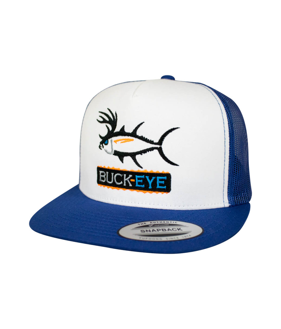 "Buck-Eye Pill" Unisex Snapback Trucker Hat featuring fish design and blue brim, perfect fishing hat for men and women.