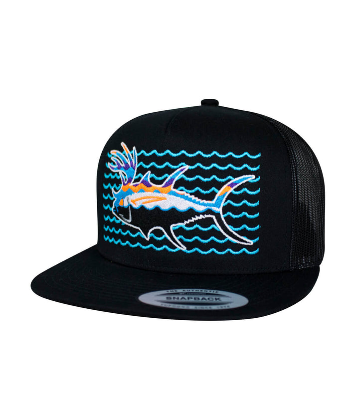 Buck-Eye Explorer on the Water unisex snapback trucker hat featuring embroidered marine design and waves.