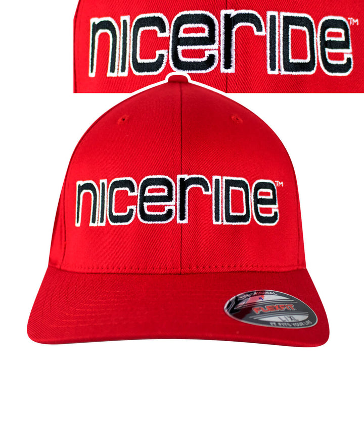Bold Tower Classic Flexfit Hat in red with NICERIDE logo, front view, showcasing the embroidered design.