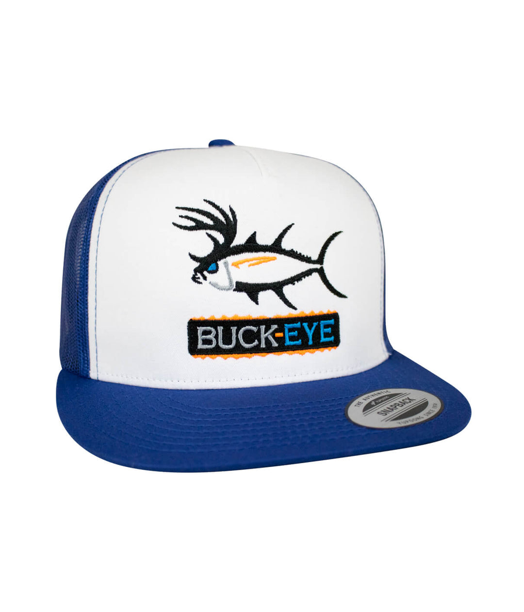 Buck-Eye Pill Unisex Snapback Trucker Hat with embroidered fish design and blue brim.