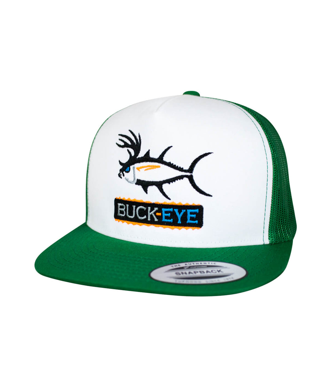 "Buck-Eye Pill" unisex snapback trucker hat with embroidered fish design, perfect fishing hat for men and women.