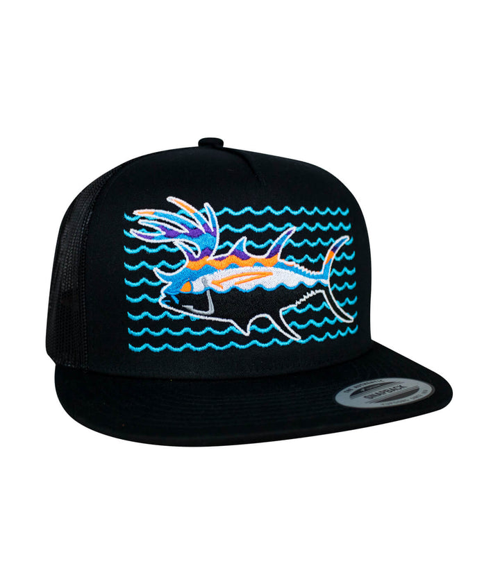 Buck- Eye Explorer on the Water unisex snapback trucker hat featuring an embroidered fish design.