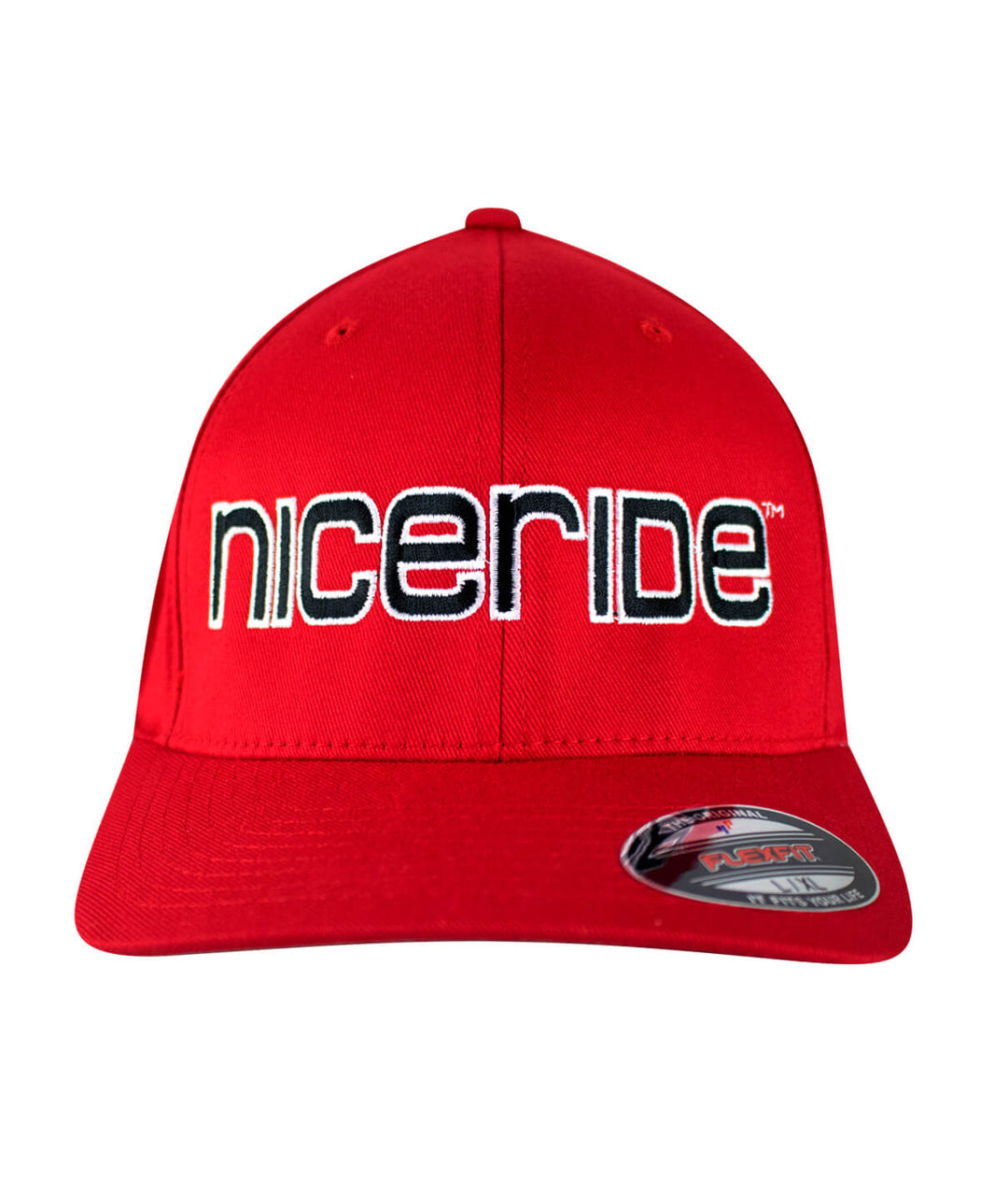 Bold Tower Classic Flexfit Hat with NICERIDE logo, red baseball cap, stylish and comfortable hat.