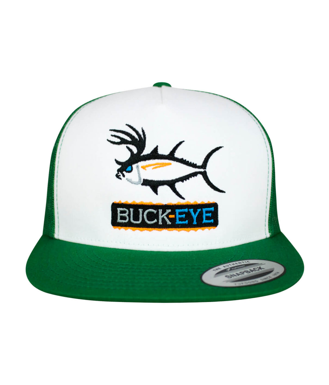 Buck-Eye Pill unisex snapback trucker hat with embroidered fish design, perfect fishing hat for adults and teens.