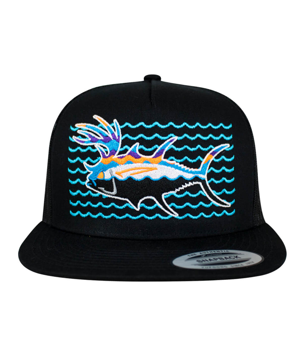 Buck-Eye Explorer on the Water unisex hat with embroidered fish design and colorful waves pattern.